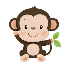 Obraz premium A cute cartoon monkey character holding a green leaf, showcasing a playful and friendly demeanor