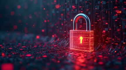 A security breach concept: glowing warning signs and data streams leaking through a vibrant glowing chrome padlock