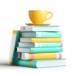 Naklejka premium A vibrant stack of colorful books topped with a bright yellow cup, symbolizing the joy of reading and relaxation