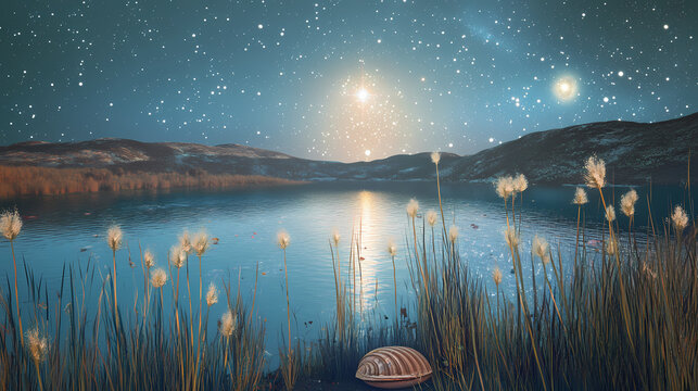 Wild grass nebula shining above reflective crater pond with grounded bee shell and delicate comet bloom. Comet Bloom. Illustration