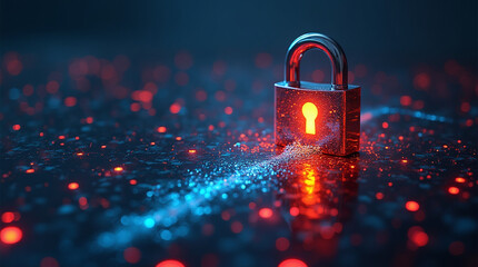 A security breach concept: glowing warning signs and data streams leaking through a vibrant glowing chrome padlock