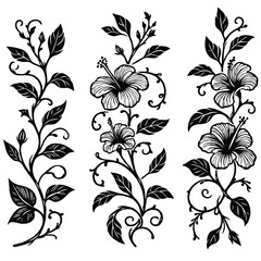 Border Elements for plants Design. Hand drawn Monochrome Vine Flowers Illustration. Vines Blossom Flower Silhouette Decoration. Elegant Hibiscus stems Floral Black and White Botanical drawing. 