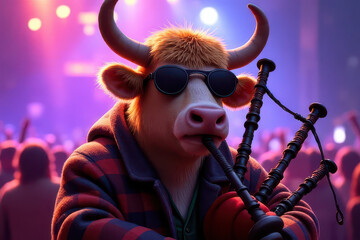 Fototapeta premium Animated Highland Cow Rocks Electric Bagpipes at Vibrant Cartoon Music Festival