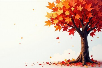 Softly falling maple leaves against a crisp white canvas, fall, tree