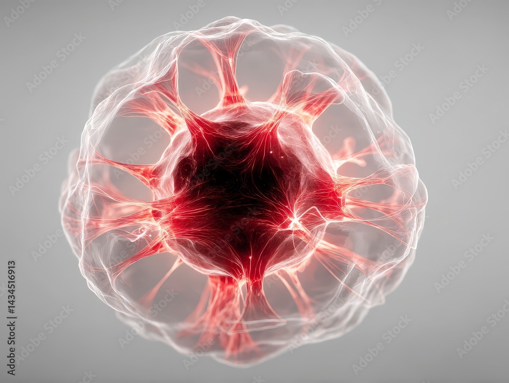 Poster 3d rendering of a cell-like structure with intricate details and a translucent appearance.