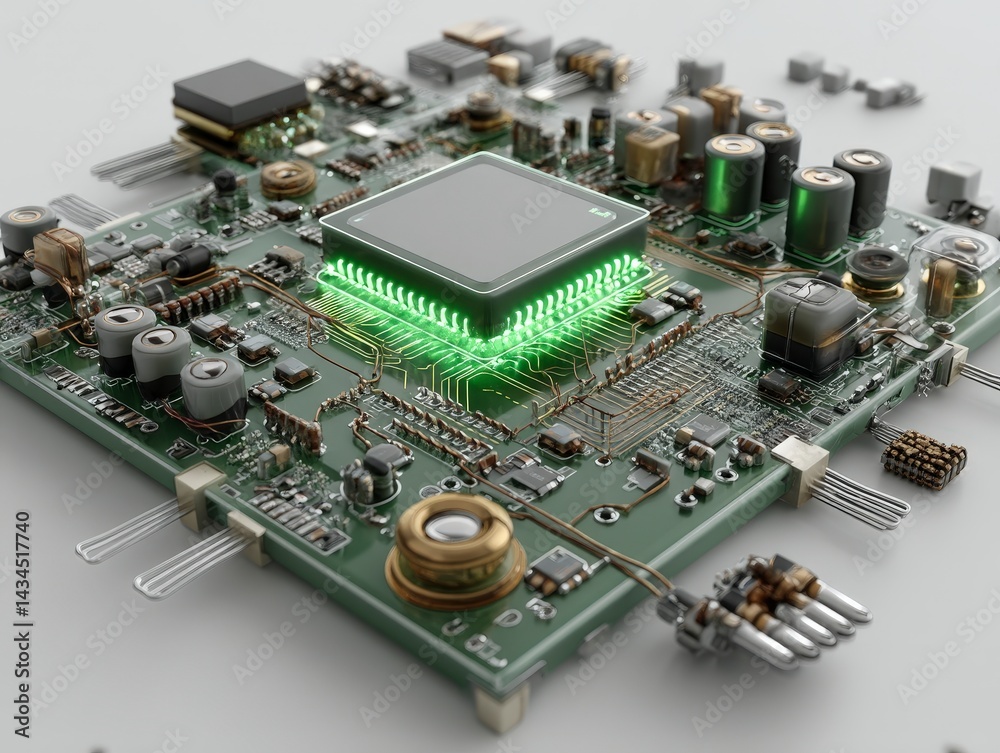 Poster detailed view of a circuit-inspired ai node circuit board with components and connections highlighte