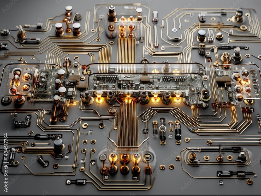 Poster complex circuit-inspired ai node circuit board with intricate connections and glowing elements.