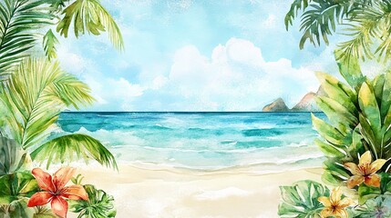 Obraz premium Serene Tropical Beach Watercolor Painting Summer Ocean Island Paradise Exotic Floral Landscape Illustration Design Background Art Print sea sky sun 