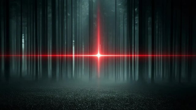 Abstract red laser light beams illuminating a spooky forest with tall trees and a dark, foggy ground in a mysterious scene