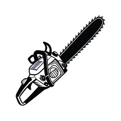 Black Chainsaw Silhouette with Serrated Blade and Handle, Industrial Cutting Tool Icon, Forestry and Carpentry Equipment Representation, Woodworking Symbol, Chainsaw Silhouette Isolated Vector Design.