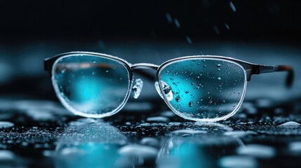 Stylish eyeglasses with water droplets.  Clear lenses reflecting light