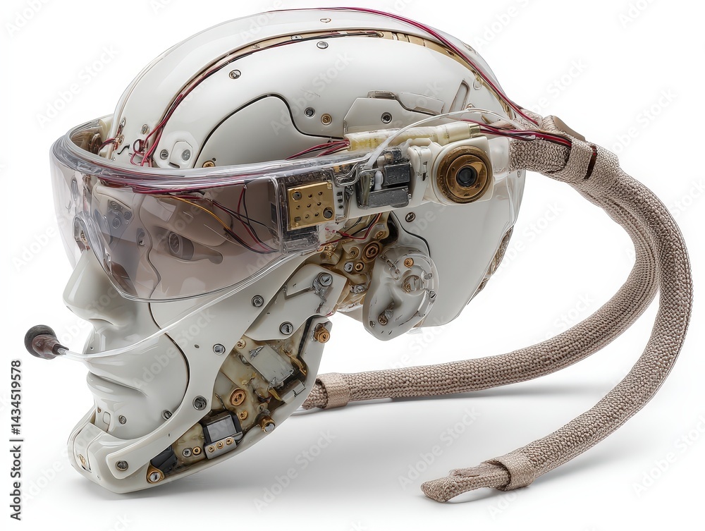 Poster a neural interface headset futuristic helmet design showcasing advanced technology and robotics in a