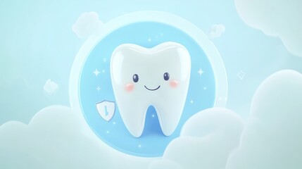 Happy tooth, dental hygiene, blue background, clouds, children's healthcare