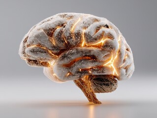 3D wireframe brain design with glowing elements on a neutral background.