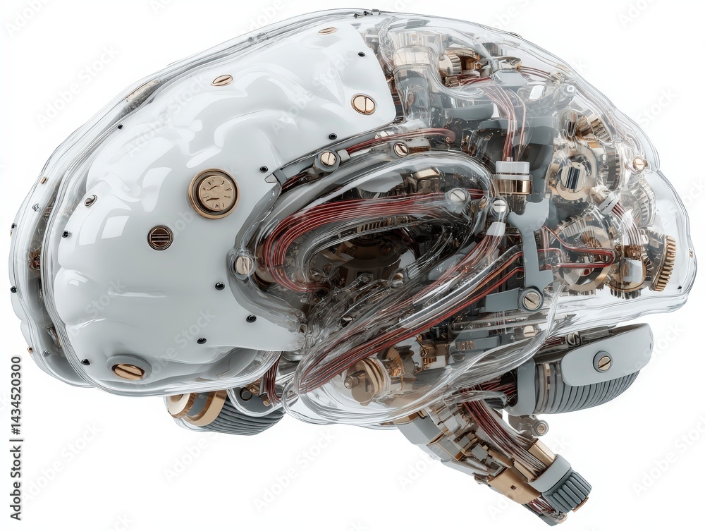 Poster robot brain with intricate circuitry and mechanical components showcased in a futuristic design.