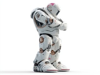 Fototapeta premium Robotic figure in a contemplative pose, showcasing mechanical design and futuristic features.