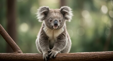 Obraz premium Adorable Koala on Branch - A cute koala sits on a tree branch, looking directly at the camera. Soft, green bokeh background