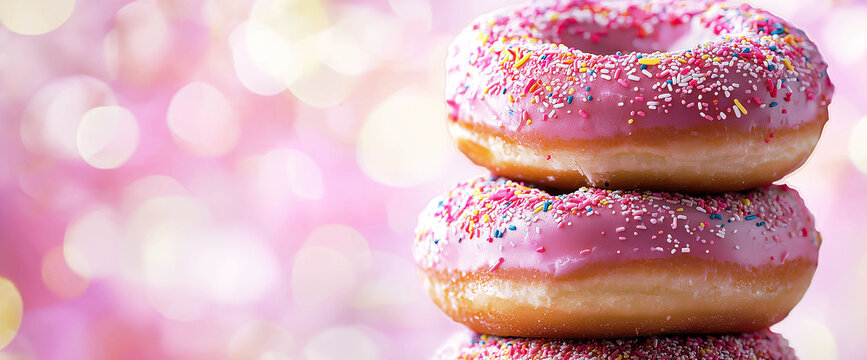 pink donuts with sprinkles and glaze on a bright soft pink background, pastries and sweets