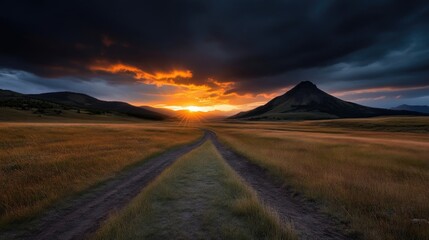 Dramatic sunset over a rural landscape, with a dirt road leading into the distance
