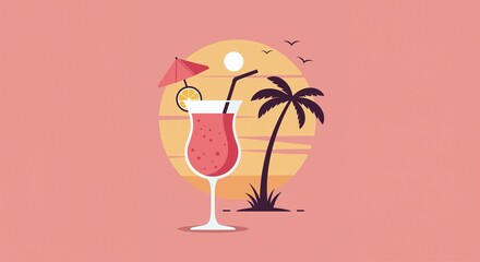 Colorful cocktail with a slice of lemon and an umbrella, set against a vibrant sunset backdrop with palm trees and seagulls, evoking a tropical vacation vibe