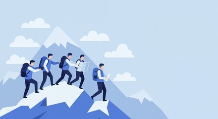 Obraz premium Group of men wearing backpacks climbing a mountain, illustrating teamwork and guidance with maps and devices in a scenic outdoor setting