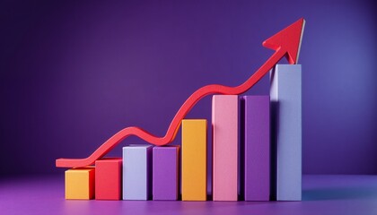 Colorful bar graph with rising red arrow on purple background, business analytics concept showing growth, success, market trends and performance increase