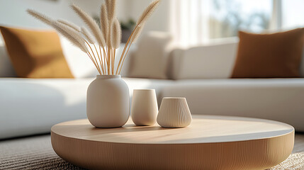 living room in minimalist style. bright living room in pastel cream tones with natural wood furniture. close up wooden table surface in sunny living room