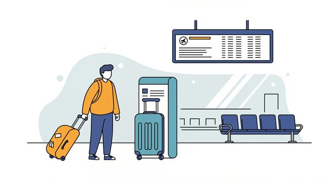 Person with suitcase standing at airport, looking at flight information board in minimalistic and modern terminal atmosphere