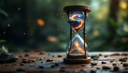 Timeless Passage: An hourglass, a symbolic representation of time's relentless flow, stands amidst a serene natural backdrop, creating a beautiful illustration of temporality.