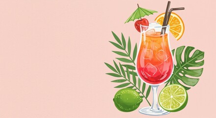 Colorful tropical cocktail garnished with cherry, orange, and umbrella, surrounded by citrus fruits and green leaves on a soft pink background