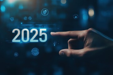 A hand points at the year 2025, surrounded by futuristic technology icons