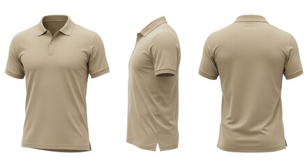 Beige Polo Shirt Mockup Three Views - Versatile apparel mockup, showcasing a beige polo shirt from three angles: front, side, and back. Ideal for design presentations and branding. Clean, simple