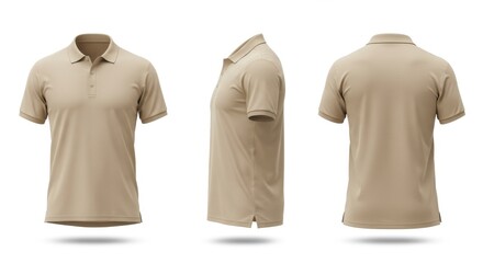 Beige Polo Shirt Mockup Three Views - Versatile beige polo shirt mockup showcasing front, side, and back views. Ideal for apparel design, branding, and online stores. Clean, simple