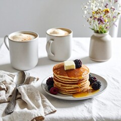 Cozy sunlit kitchen with golden pancakes, berries, maple syrup, frothy cappuccino, vintage details, wildflowers, and natural light styled like a gourmet magazine shoot.