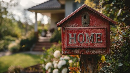 A red mailbox with the word home written on it