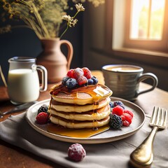 Cozy sunlit kitchen with golden pancakes, berries, maple syrup, frothy cappuccino, vintage details, wildflowers, and natural light styled like a gourmet magazine shoot.