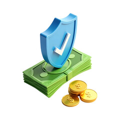 3D Illustration of Money Stack with Shield Icon Isolated on PNG Background Banking Security Symbol or Safe Investment Concept and Financial Protection Element