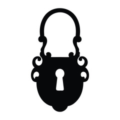 "Vintage Ornate Padlock Silhouette with Intricate Details and Central Keyhole, Decorative Security Concept, Antique Lock Design, Classic Symbol of Protection and Privacy