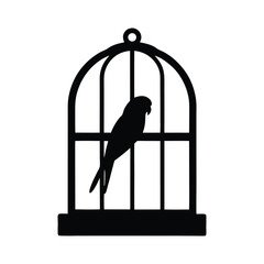 Black Birdcage Silhouette with Perched Bird Inside, Elegant Vintage Ornamental Cage Design, Freedom and Confinement Concept. Black Birdcage Silhouette