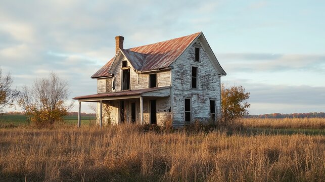 Abandoned Farmhouse Rustic Old House Weathered Exterior Rural Autumn Scenery Decaying Structure Aged Building Grey White Paint Farm Field Fall        