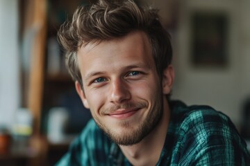 Obraz premium A young man with light brown hair and blue eyes smiles gently at the camera, wearing a teal plaid shirt.