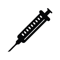 Black Syringe Silhouette with Needle and Measurement Markings, Medical Equipment Icon, Healthcare and Vaccination Black Syringe Silhouette Symbol 