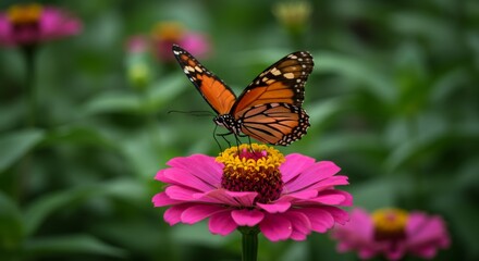Obraz premium Butterfly on Pink Zinnia in Garden - A monarch butterfly rests gently on a vibrant pink zinnia, symbolizing beauty, transformation, peace, nature, and delicate balance