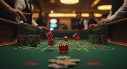 Casino Dice Game Action Shot - Red dice roll across a casino craps table, players blurred in background. High stakes gambling excitement