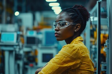 Fototapeta premium A young Black female engineer, wearing safety glasses, stands confidently in a factory setting.