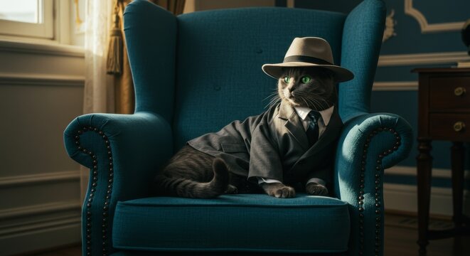 Cat in a Suit and Hat - A gray cat wearing a suit and fedora sits in a teal armchair. Elegant and stylish feline