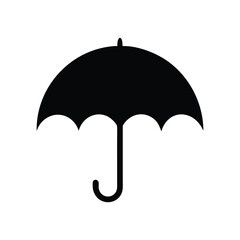 Black Umbrella Silhouette with Curved Handle and Scalloped Canopy, Minimalist Weather Protection Symbol, Rain and Sun Shield Icon. Black Umbrella Silhouette