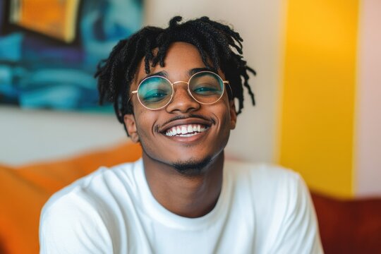 A smiling young Black man with locs and round blue glasses, exuding joy and confidence. - Powered by Adobe