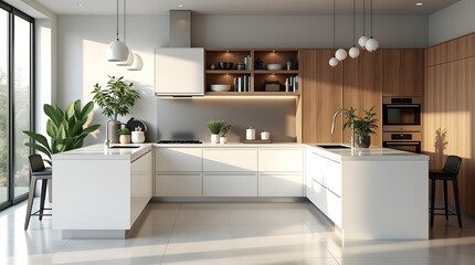 Fototapeta premium Modern kitchen featuring sleek white cabinets, wooden accents, and abundant natural light.
