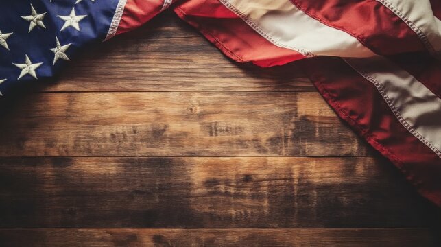 American flag displayed on a rustic wooden background with copy space, perfect for patriotic themes, Independence Day, or political concepts